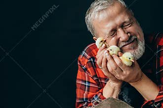 Old kind man is hugging a chicken