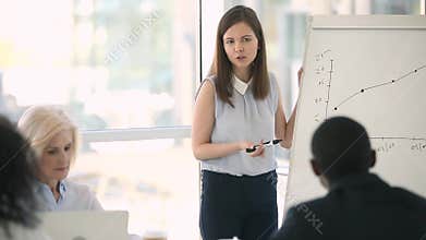 Young businesswoman trainer gives flipchart presentation at corporate meeting seminar