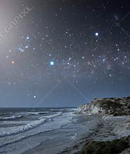Coastal area with a star-filled sky