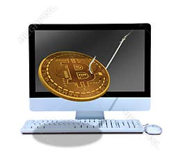 Online phishing Bitcoin on fish hook coming out of computer to lure you into purchasing mining and hacking