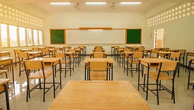 Lecture room or School empty classroom with desks and chair iron