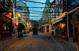 Pedestrian street with Christmas decorations in Kapana district in Plovdiv, Bulgaria