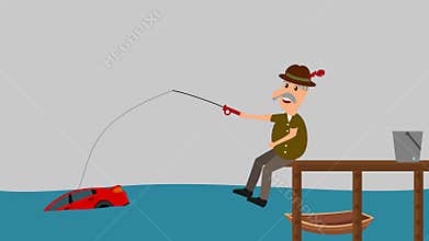 A man fishing a car - animation