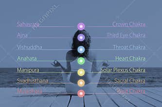 Woman meditating in lotus position outdoor. Chakra lights over her body.