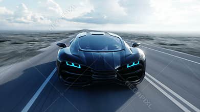 Black futuristic electric car on highway in desert. Very fast driving. Concept of future. Realistic 4k animation.
