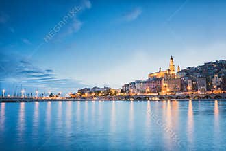 Menton City at night, French Riviera, blue hour sunset mood