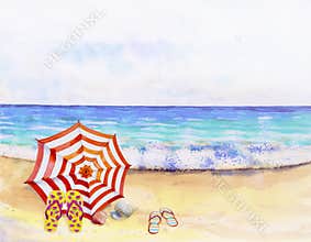 Watercolor seascape painting colorful of sea view.