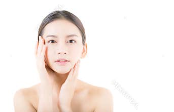 Beautiful girl with makeup, woman and skin care concept / attractive asia girl smilling on face isolated