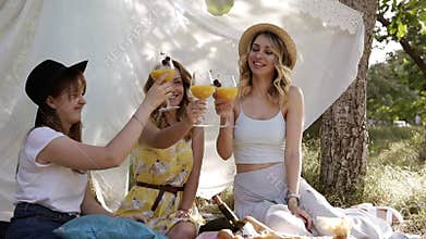 Three attractive women celebrating. Drinking orange cocktails from wineglasses. Sitting and smiling. Cheers. Picnic or
