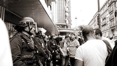 SNCF employees protest workers on French street black and white