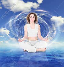 Yoga woman on sky water background collage