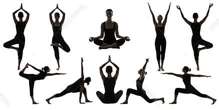 Yoga Poses Silhouettes, Woman Body Balance Asana Position