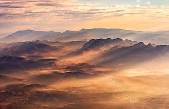 Beautiful landscape. mountain and fog valley, Mountain layer in