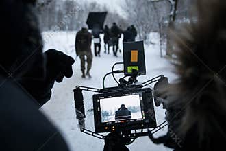 Shooting a feature film, backstage on the set in the street view from the camera