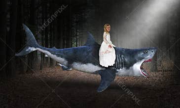 Surreal Shark, Girl, Woods, Nature, Forest