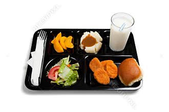 A black school lunch tray on a white background