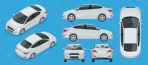 Set of Sedan Cars. Compact Hybrid Vehicle. Eco-friendly hi-tech auto. Isolated car, template for branding, advertising