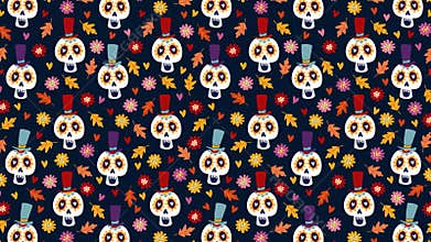 Dia de los Muertos or Halloween seamless animation of hand drawn pattern. Mexican Day of the Dead. Decorative sugar