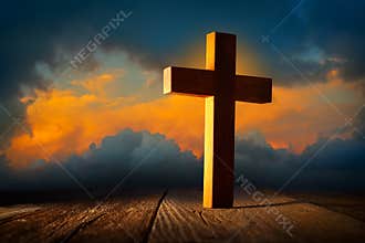 Christian wood cross on sunset sky