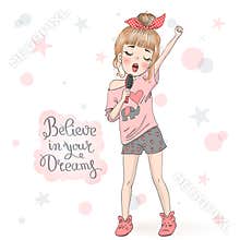 Hand drawn beautiful cute little girl in pajamas singing into hairbrush..