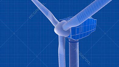 3D rendered blue print of a spinning wind turbine.