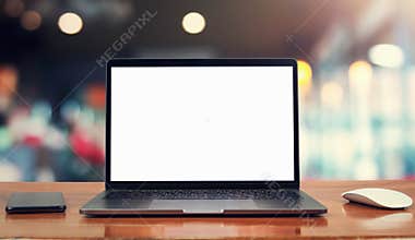 laptop computer blank white screen and mobile on table in cafe