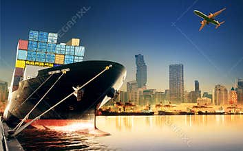 Container ship in import,export port against beautiful morning light of loading ship yard use for freight and cargo shipping