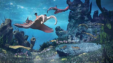 Creatures of the Cambrian period, underwater scene with Anomalocaris, Opabinia, Hallucigenia, Pirania and Dinomischus 3d science