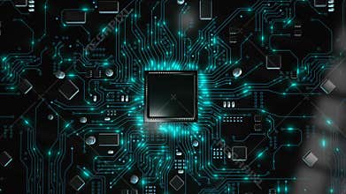 3D Rendering CPU chipset central processor unit and electric print circuit board with data traffic light on dark and grain process