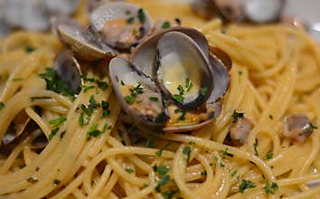 Spaghetti with clams, a typical Italian dish