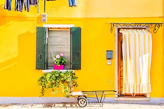Yellow house with flowers and plants. Colorful houses in Burano island near Venice, Italy.