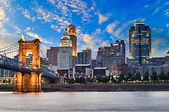 Skyline of Cincinnati, Ohio and the John A Roebling Suspension B