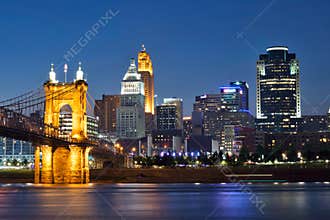 Skyline of Cincinnati, Ohio and the John A Roebling Suspension B