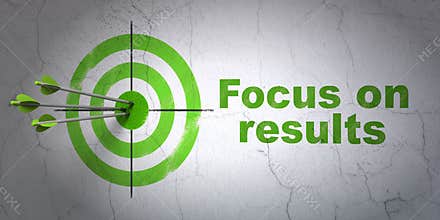 Business concept: target and Focus on RESULTS on wall background
