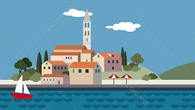 Mediterranean landscape, little town, resort with beach, sea waves, running clouds and sailing boat. Flat cartoon looped