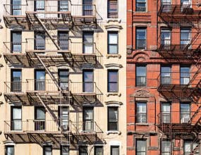 Wall of windows on old historic buildings in New York City