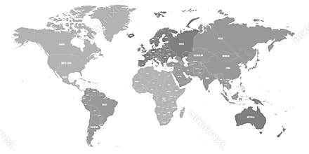 Map of World. Political map divided to six continents - North America, South America, Africa, Europe, Asia and Australia