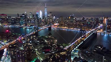 Aerial night view of Manhattan, New York City. Tall buildings. Timelapse dronelapse.