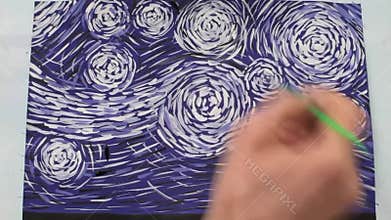 Drawing a picture of gouache. Two trees with a red crown against the background of a winter starry sky. Energy painting. Video.