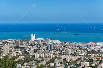 View from the top to city of Haifa in Israel and harbor at spring time.