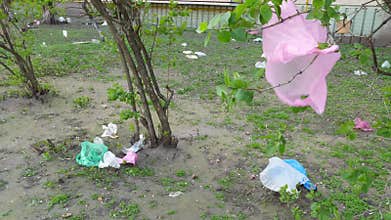 Environmental pollution by plastic bags in city.