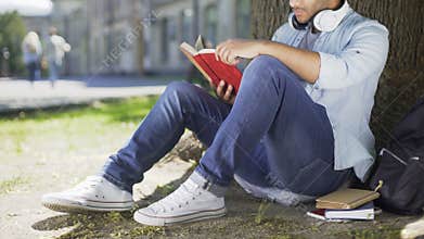 Multinational guy sitting under tree, reading book, book lover, leisure time