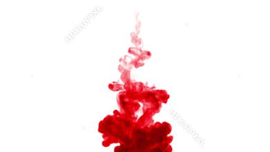 Red ink dissolves in water on white background with luma matte. 3d render of computer simulation. single ink flow 2