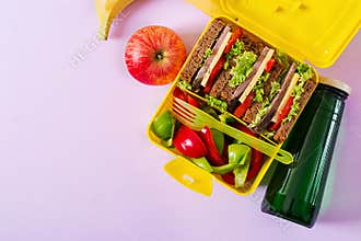 Healthy school lunch box with beef sandwich and fresh vegetables