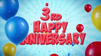 3rd Happy Anniversary red greeting and wishes with balloons, confetti looped motion