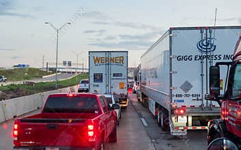 WACO, TEXAS, USA - OCTOBER 1, 2018 - Vehicles stuck in heavy traffic caused by accident on Interstate I-35 in Waco, Texas.