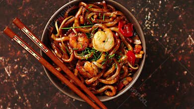 Traditional asian udon stir-fry noodles with shrimp