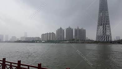 Panoramic view of flooded pier of Zhujiang river