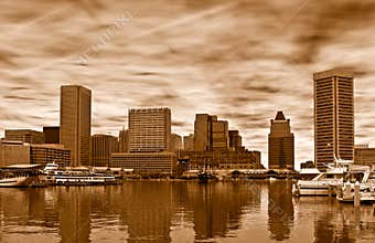 Skyline of Baltimore in sepia,