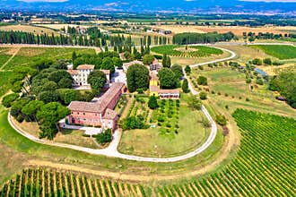 Aerial view over vineyards and a winery in Tuscany, Italy
